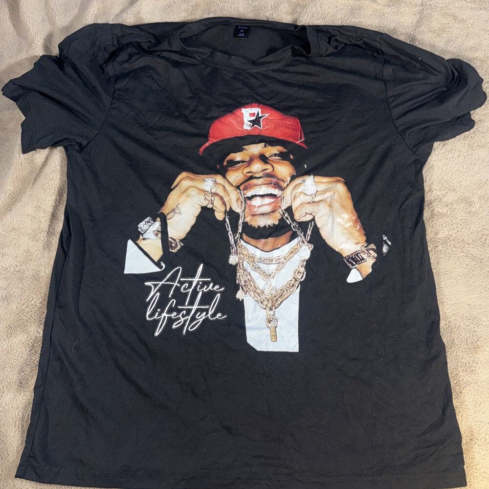 ROMWE Black Graphic Tee “Active Lifestyle” Rap Hip Hop Chain Print Size‎ M